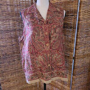 VTG Jones New York Sleeveless Blouse Paisley Silk Linen Blend SZ 12 Wood Buttons
